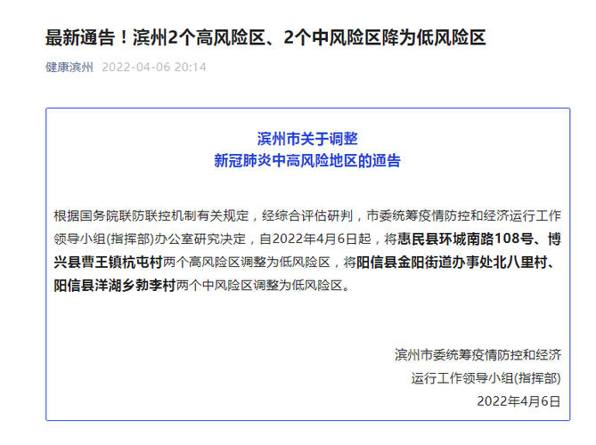  山东省滨州市中高风险地区疫情:山东省滨州市的疫情